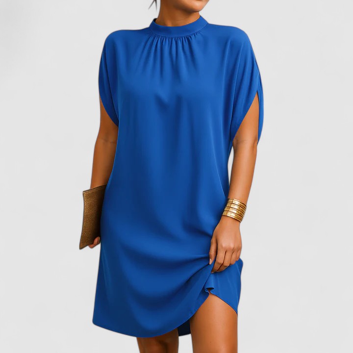 Mock Neck Gathered Cape Sleeve Curved Hem Shift Mini Dress