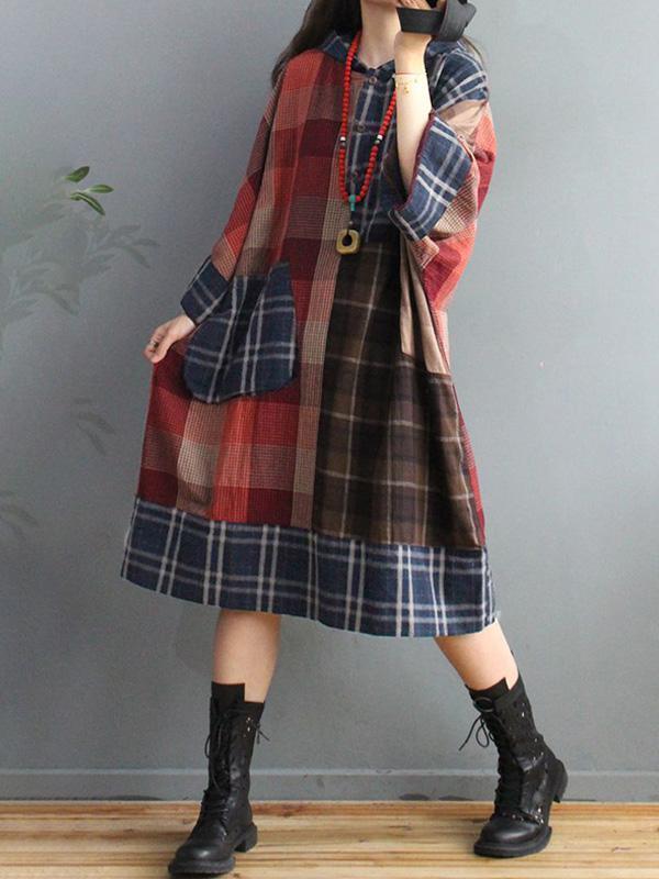 DIY Vintage Plaid Big Pocket Hoodie Dress