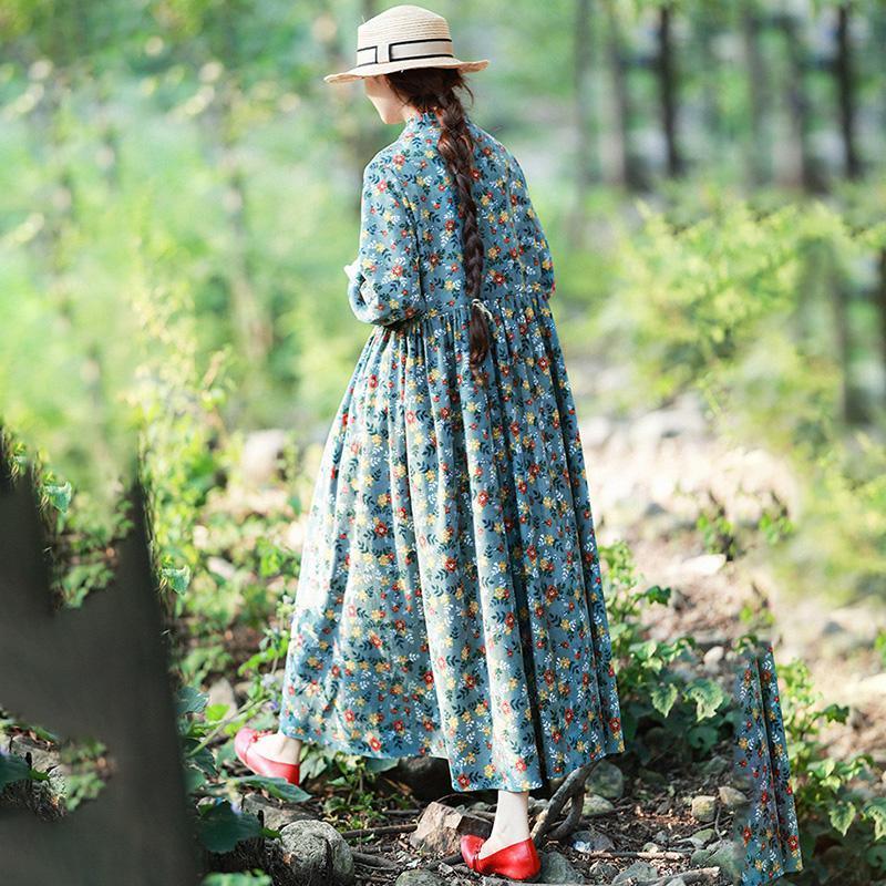 Retro Corduroy Floral Casual Draped Dress ( Limited Stock)