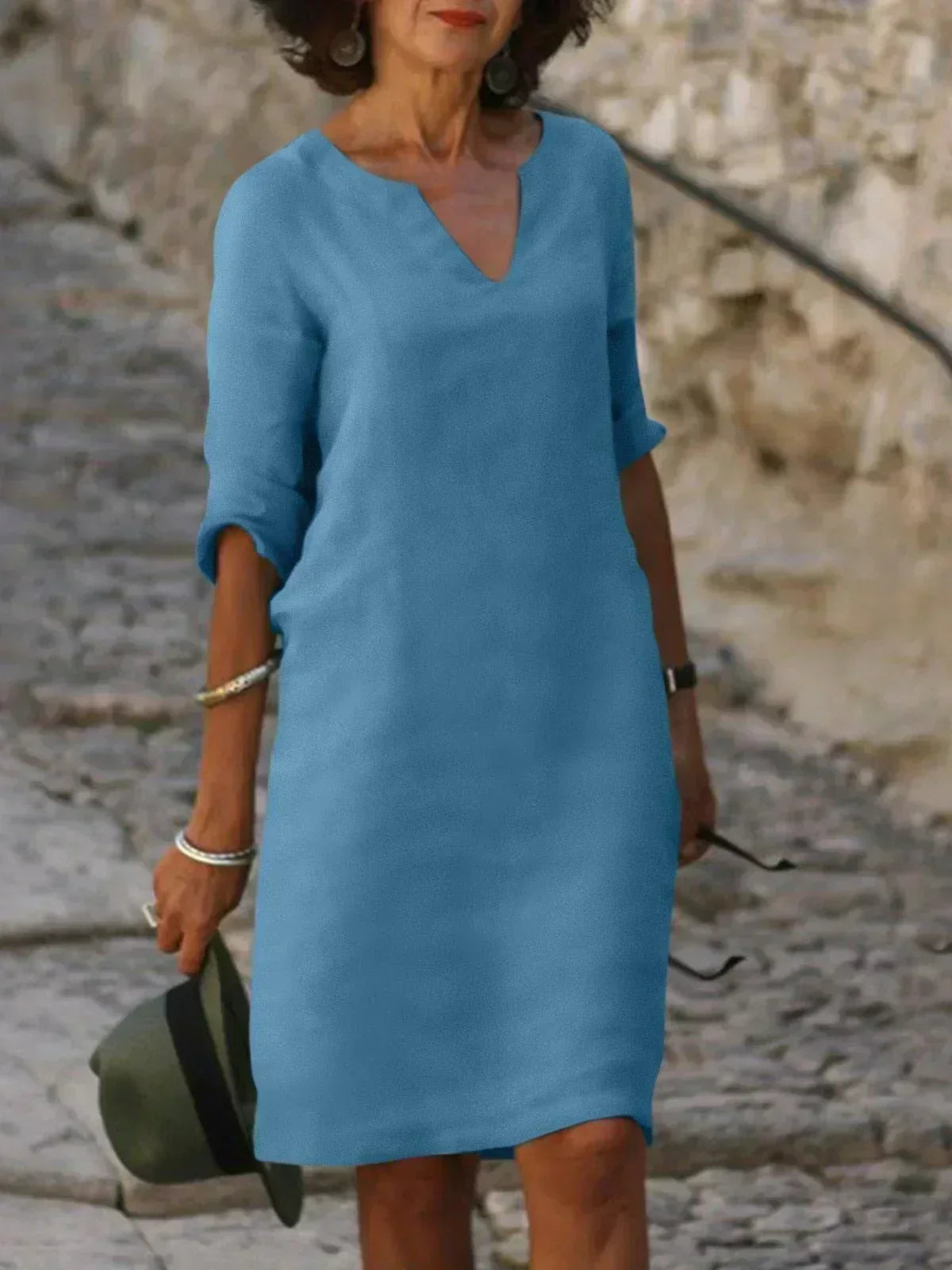 Split V-Neck Half Sleeve Linen Shift Midi Dress