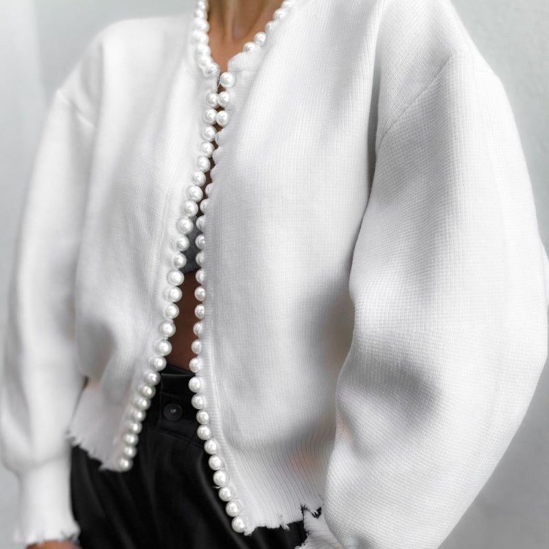 Round Neck Pearl Trim Long Sleeve Knit Cardigan