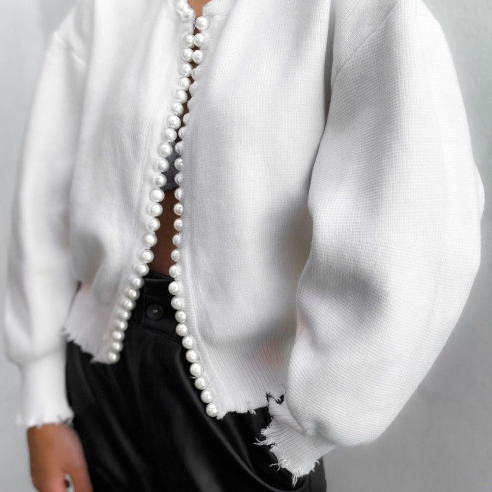 Round Neck Pearl Trim Long Sleeve Knit Cardigan