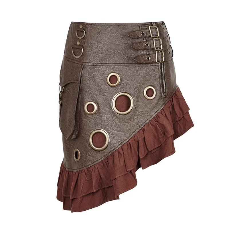 Steam Flounce Kilt Texture Coarsegrain PU Leather Symmetrical Rock Vintage Knee Length Party Skirt