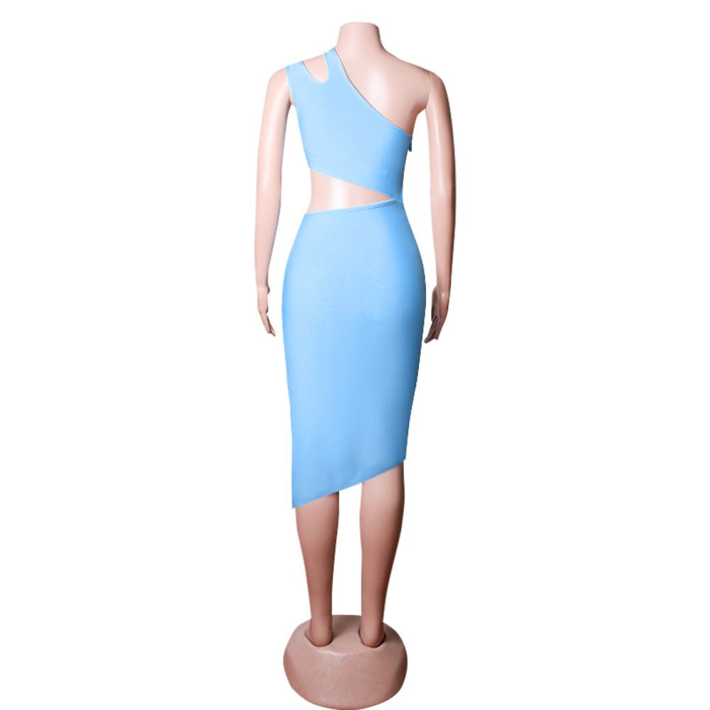 One Shoulder Sleeveless Asymmetrical Midi Bandage Dress PZC1662