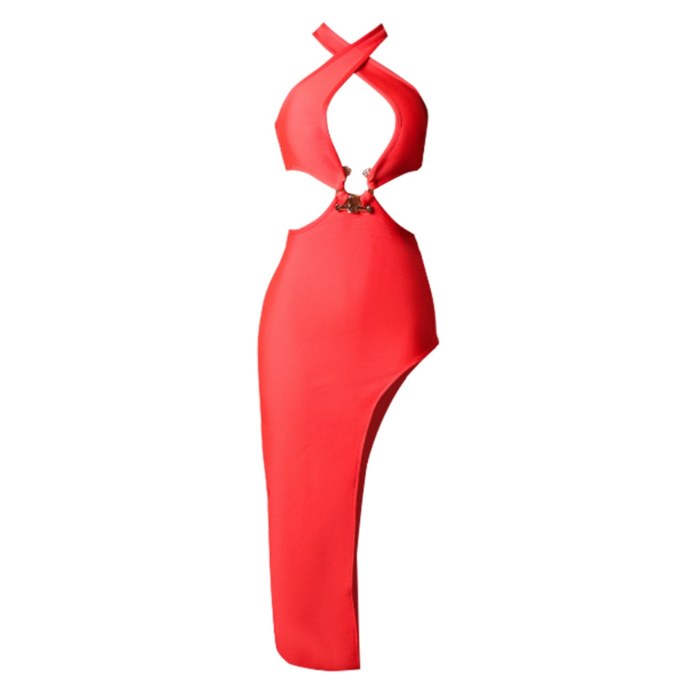 Halter Sleeveless Hollow out Midi Bandage Dress PZC1743