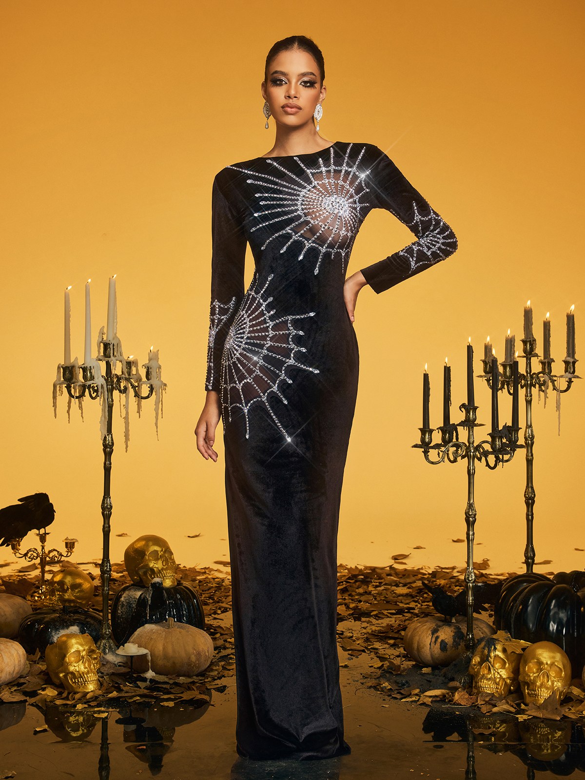 Long Sleeve Cobweb Velvet Maxi Dress