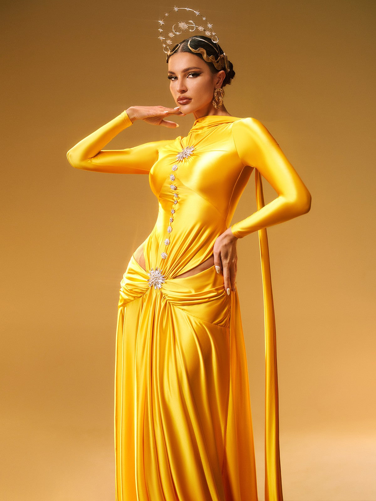 Long Sleeve Crystal Satin Maxi Dress