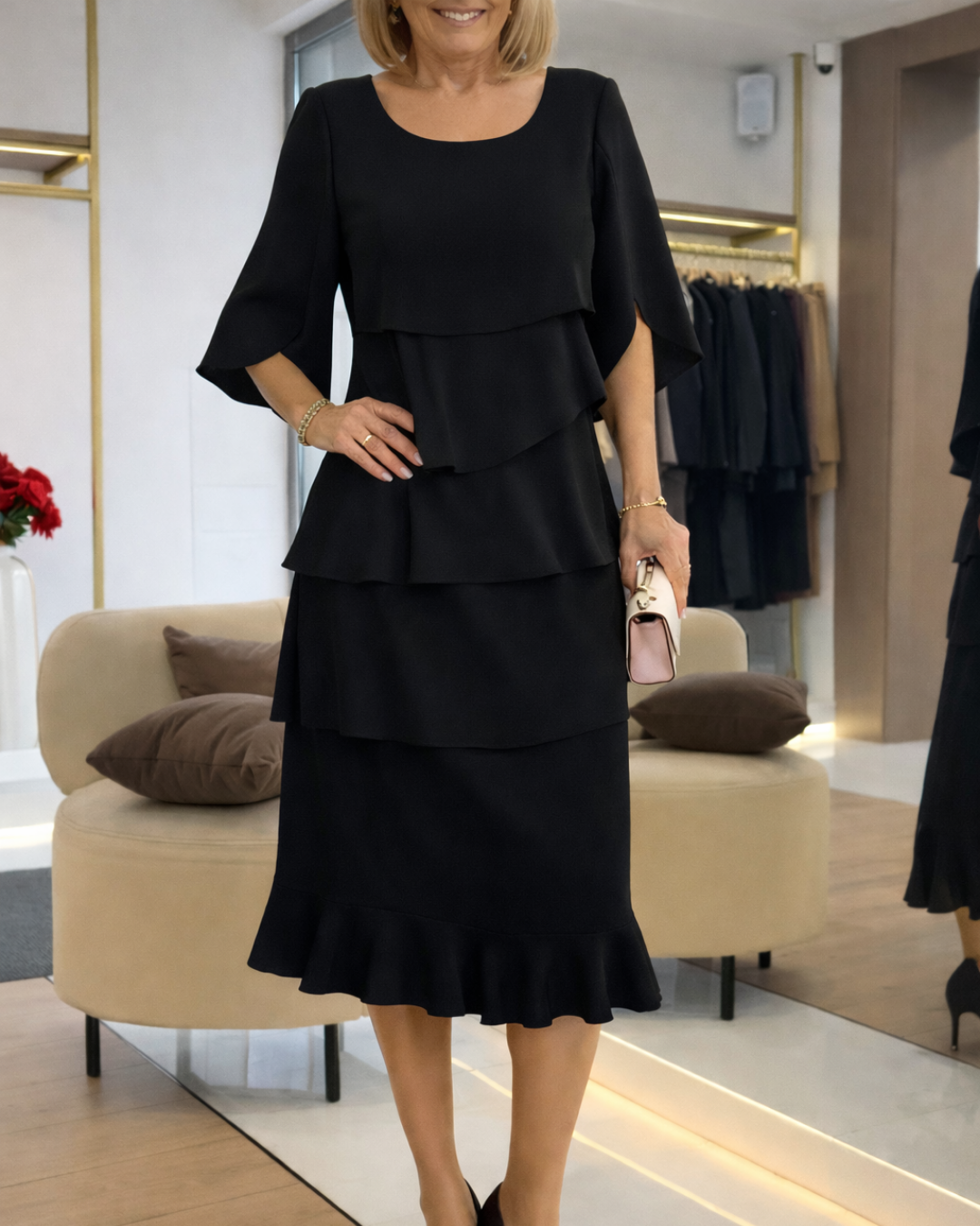Round Neck Flutter Sleeve Tiered Ruffle Layered Midi Dress