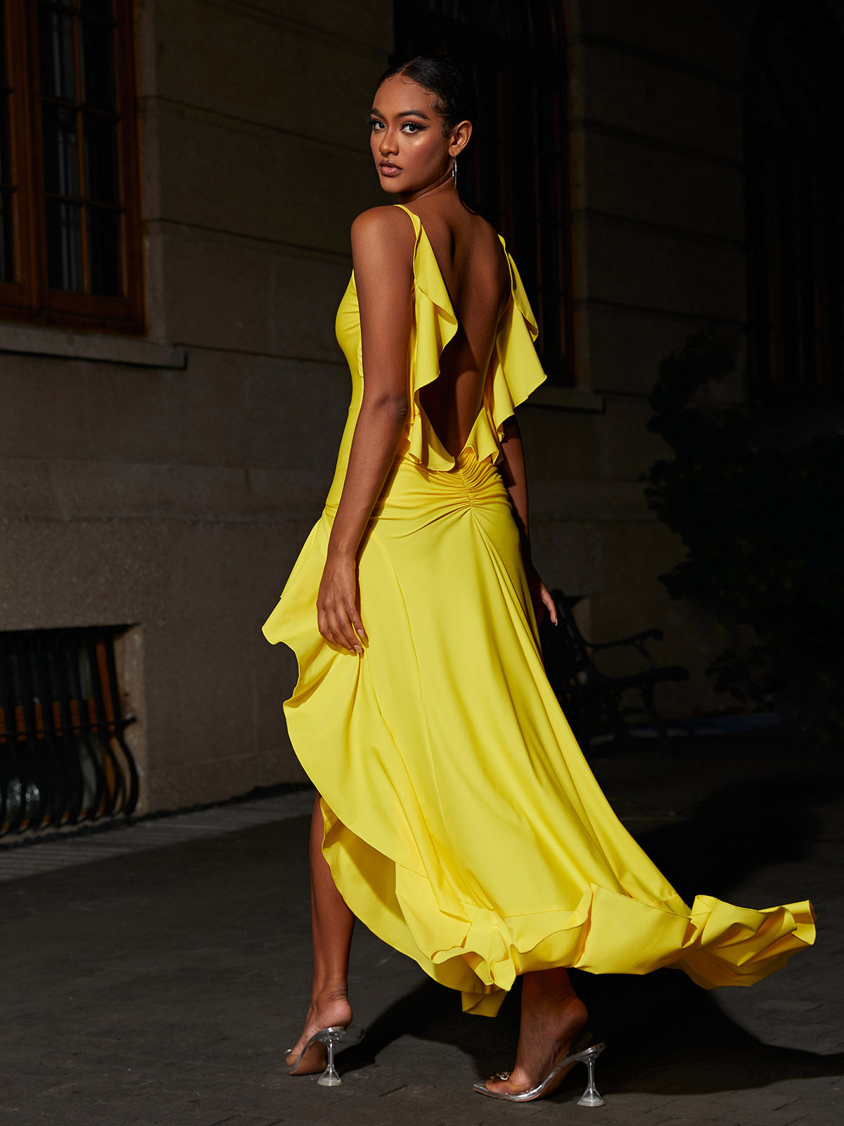 Spaghetti Strap Backless Ruffle Ruched Satin High Low Maxi Dress