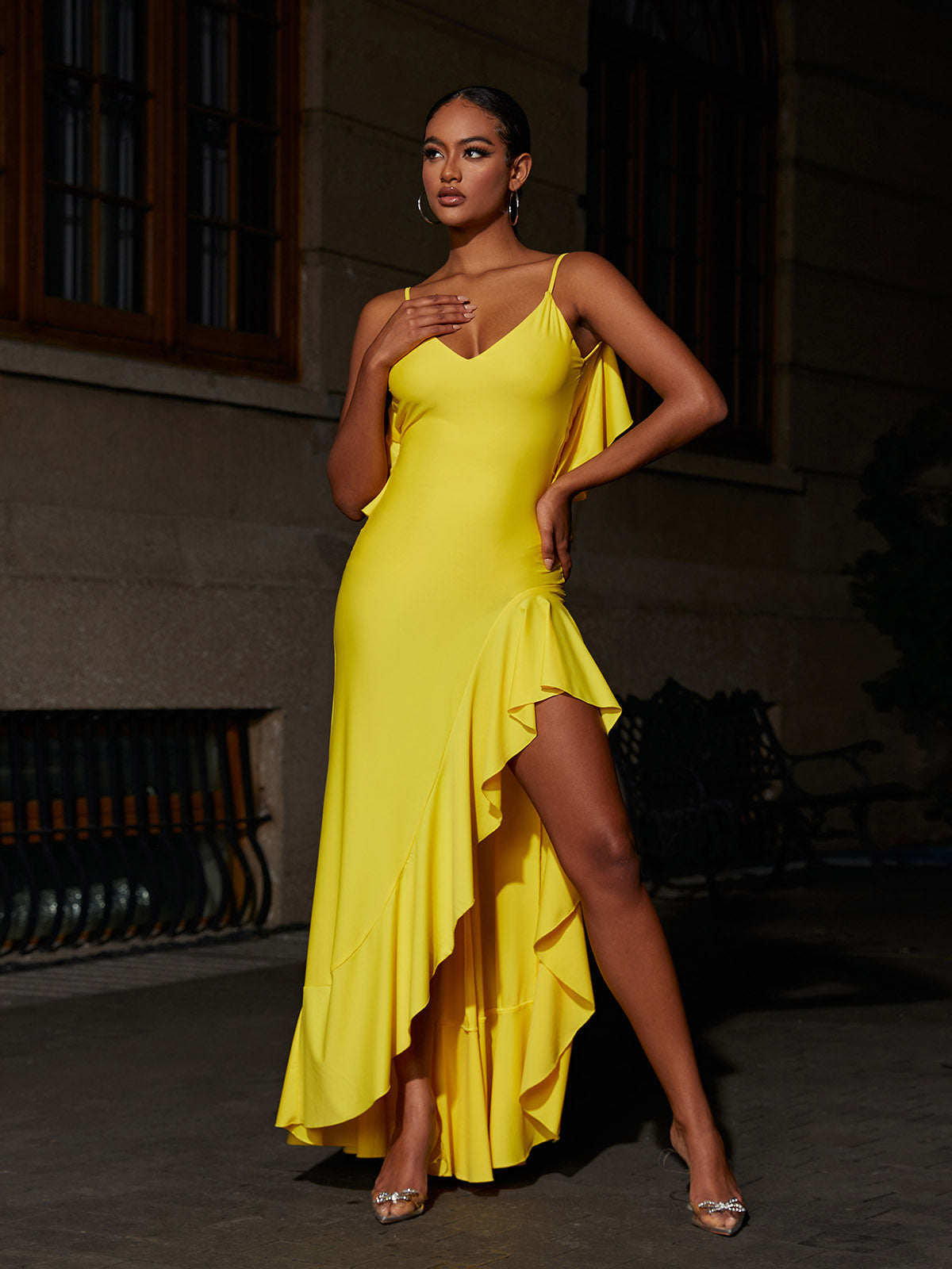 Spaghetti Strap Backless Ruffle Ruched Satin High Low Maxi Dress 3