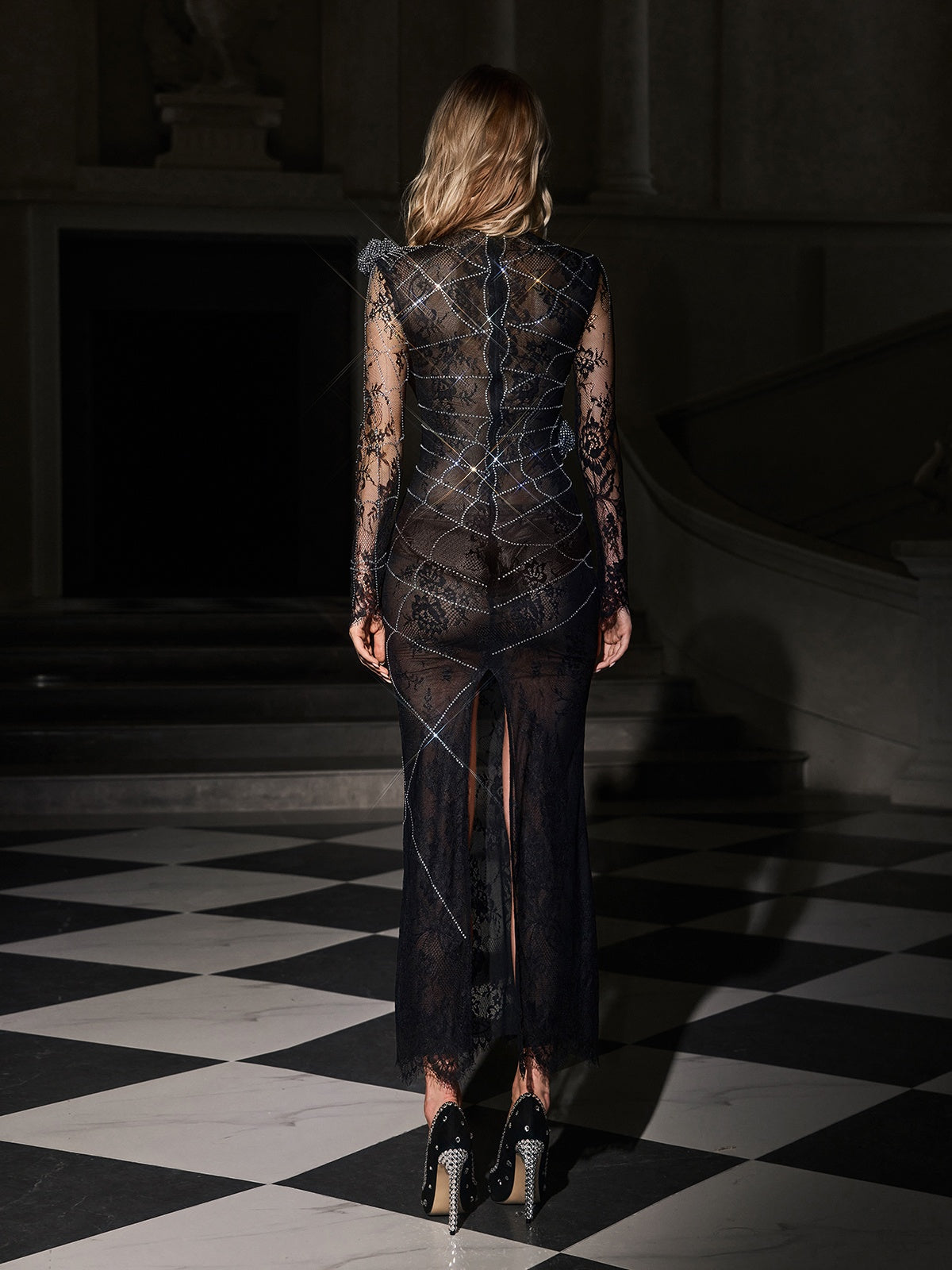 Rhinestone Cobweb Split Maxi Dress