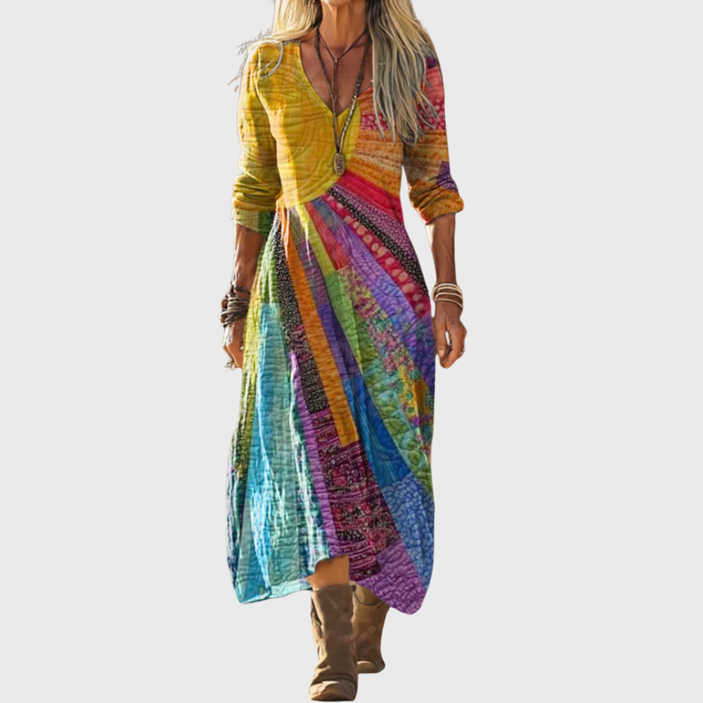 V-Neck Long Sleeve Patchwork Print Boho Maxi Dress