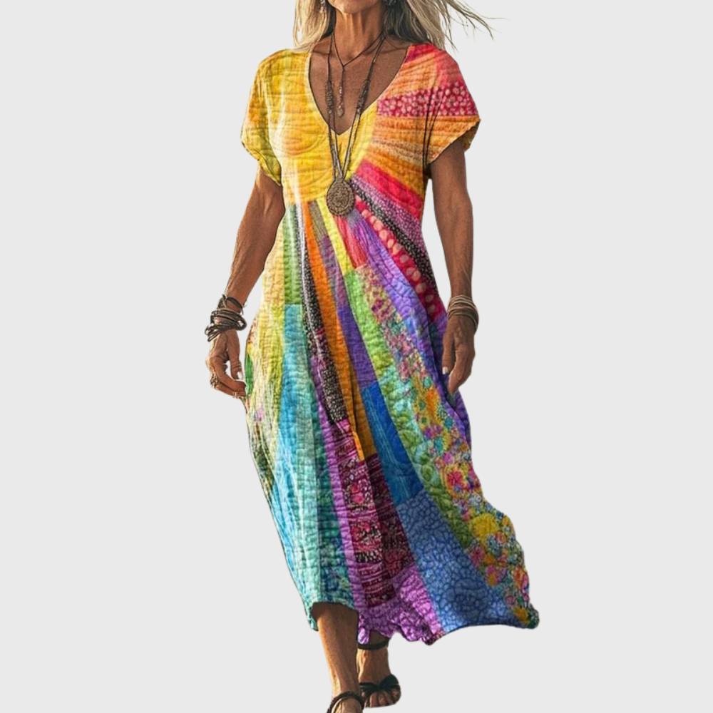V-Neck Long Sleeve Patchwork Print Boho Maxi Dress