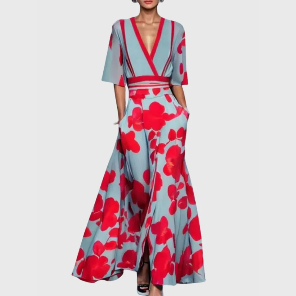 Plunge V-Neck Half Sleeve Floral Print Pocket Flared Maxi Dress