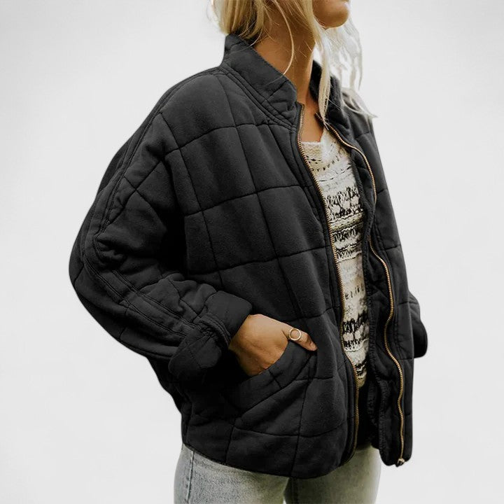 Stand Collar Quilted Zip Front Long Sleeve Bomber Jacket 2