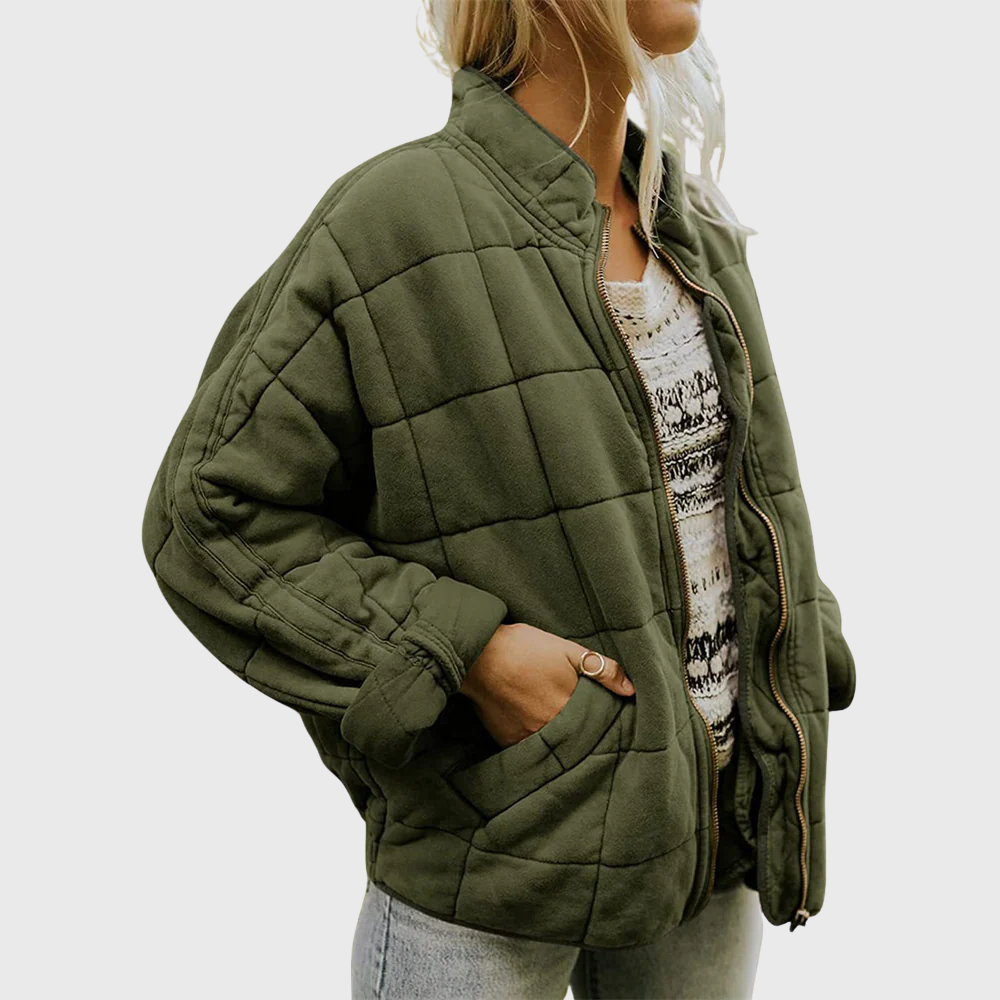 Stand Collar Box Quilted Zip Front Jacket