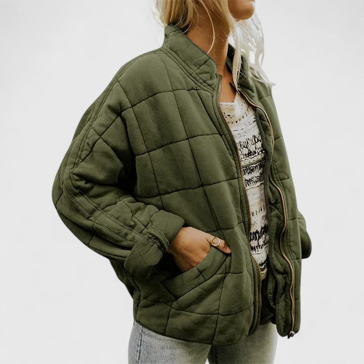 Stand Collar Quilted Zip Front Long Sleeve Bomber Jacket
