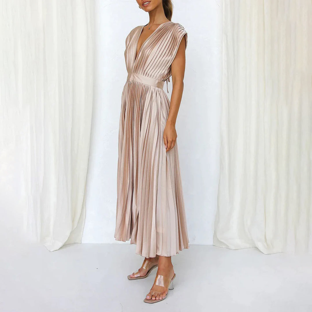 Deep V-Neck Satin Pleated Sleeveless A-Line Midi Dress