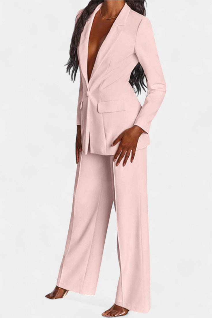 Peak Lapel Single Button Blazer and Wide-Leg Trouser Set 2