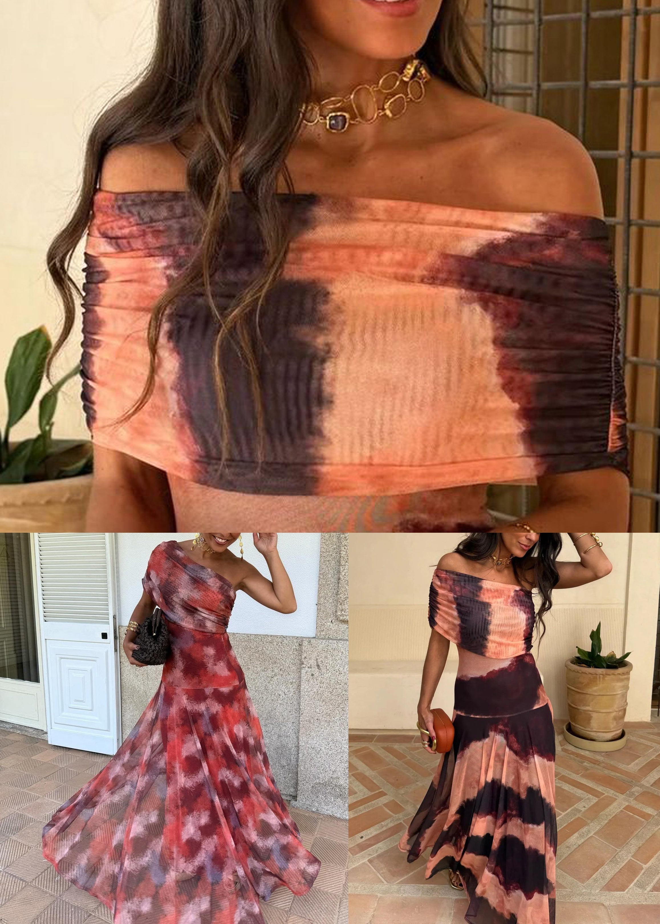 Pink Tie Dye Print Tulle Long Dress Slash Neck