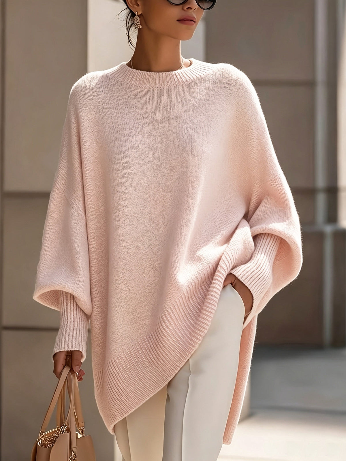 Mock Neck Drop Shoulder Asymmetric Hem Oversized Knit Sweater 12