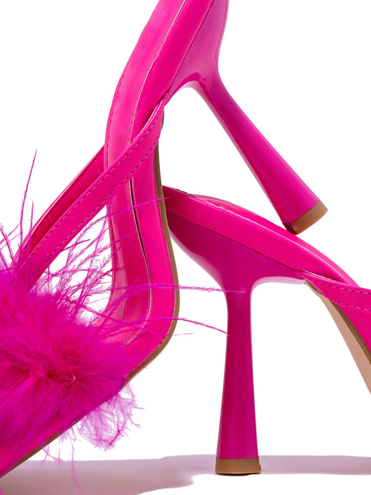 Feather Trim Square Toe Stiletto High Heel Mules