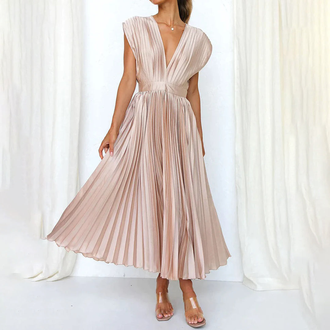 Deep V-Neck Satin Pleated Sleeveless A-Line Midi Dress