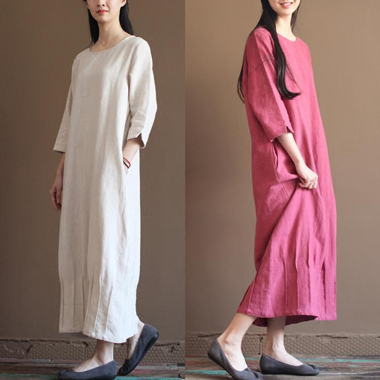 Pink New linen maxi dresses long sleeve spring caftan dress