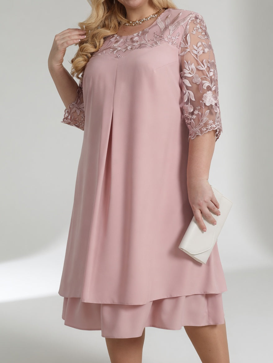 Round Neck Lace Illusion Yoke Half Sleeve Shift Midi Dress 2