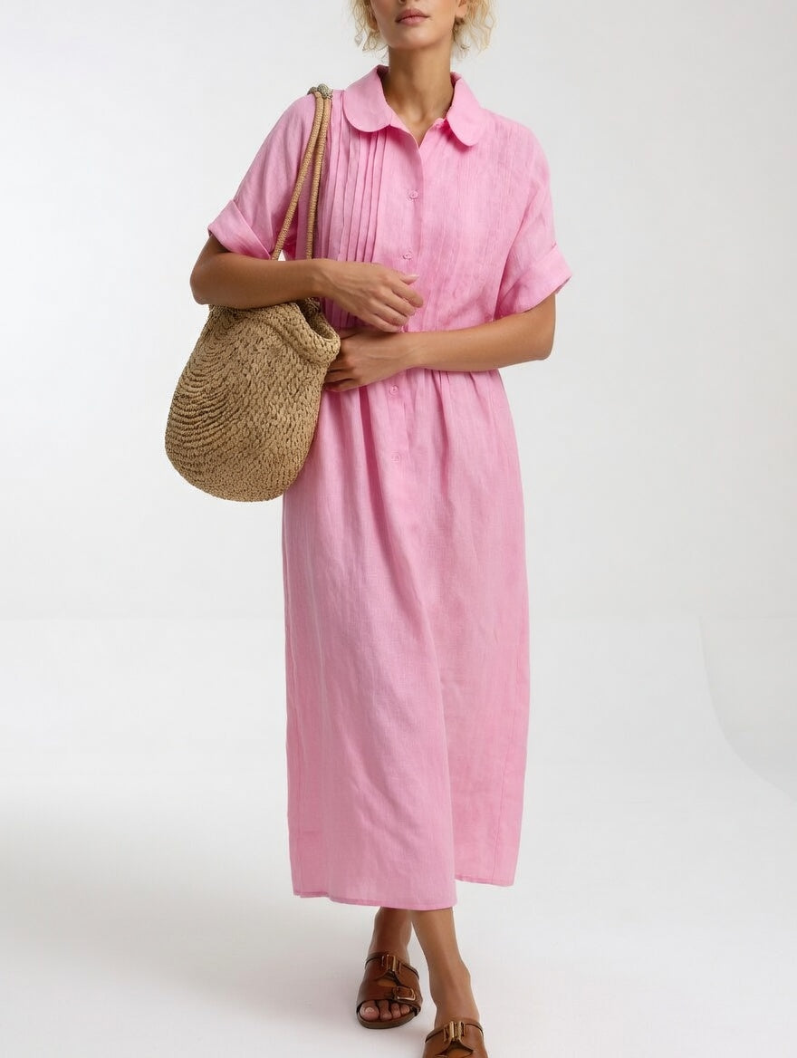Collared Pintuck Bib Short Sleeve Linen A-Line Maxi Dress 4