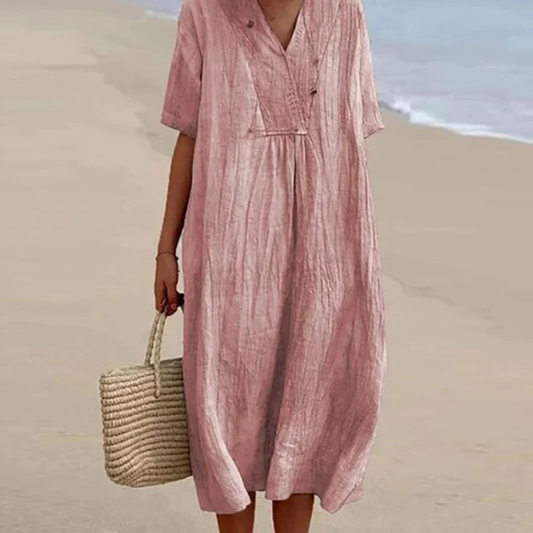 V-Neck Linen Short Sleeve Pleated Loose A-Line Midi Dress