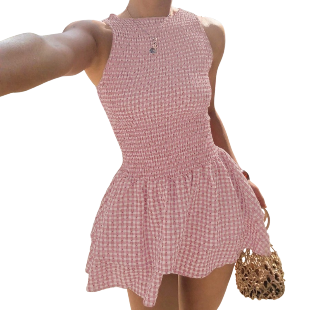 Round Neck Gingham Smocked Tiered Ruffle Mini Dress 3