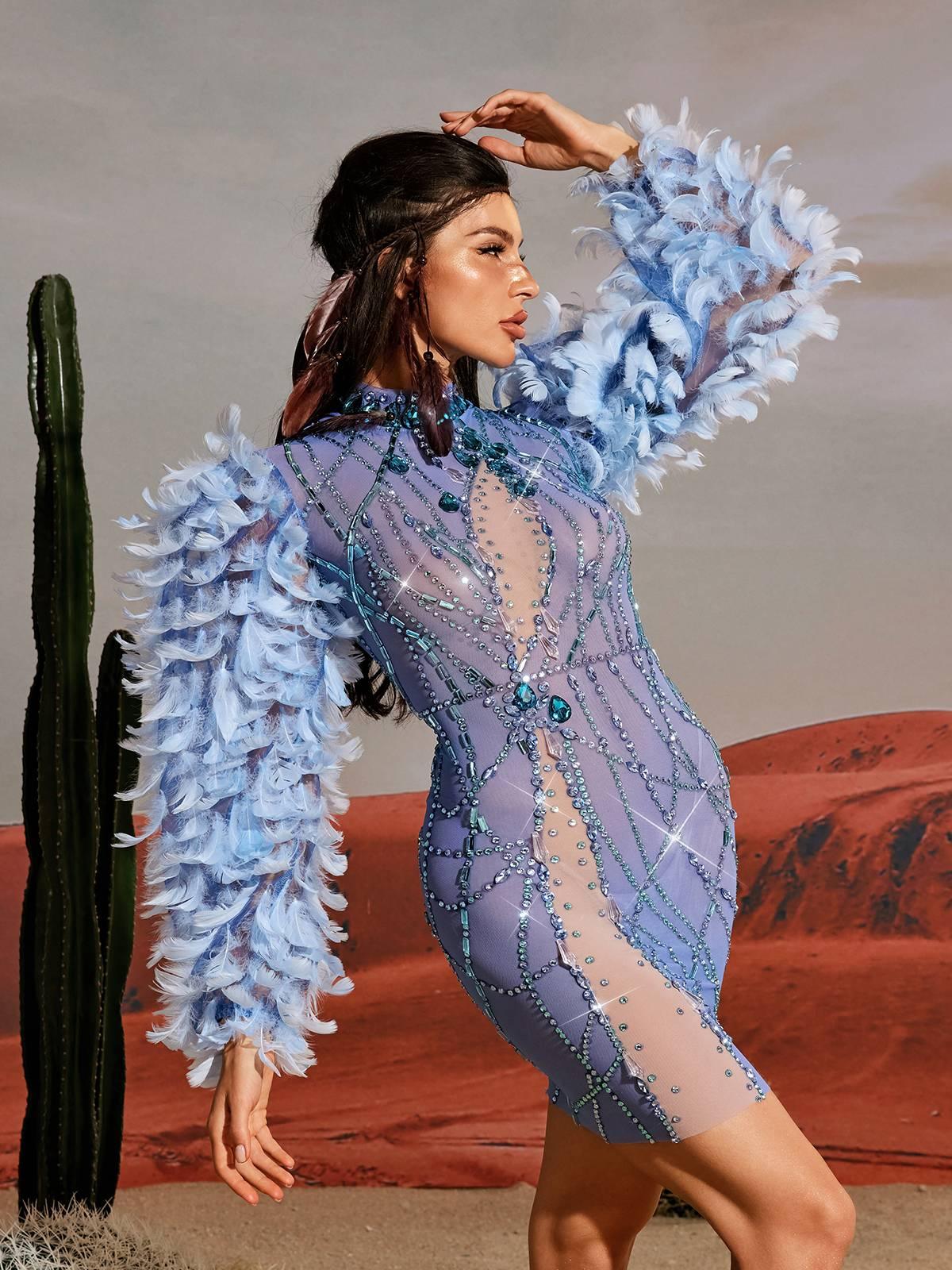 Long Sleeve Feather Embellished Mini Dress
