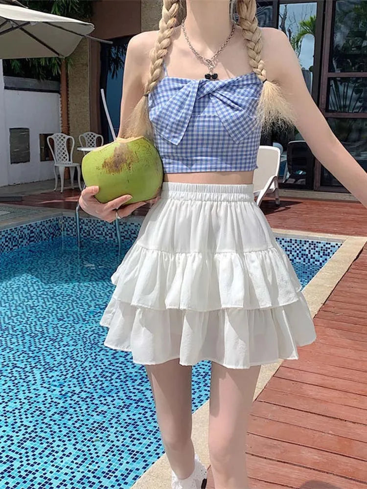 Pleated Aline White Ruffles Sweet Elastic Waist Summer Skirt