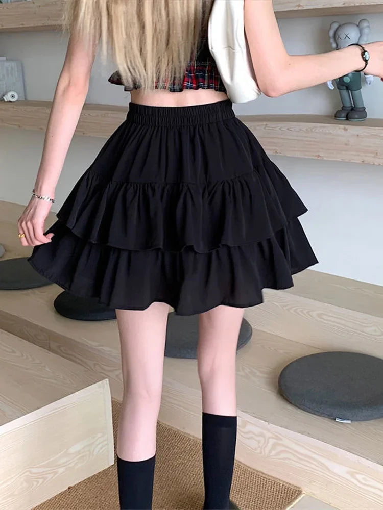 Pleated Aline White Ruffles Sweet Elastic Waist Summer Skirt