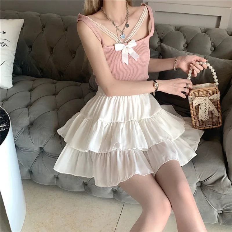 Pleated Aline White Ruffles Sweet Hottie Preppy Summer Mini Skirt