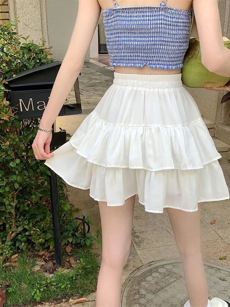Pleated Aline White Ruffles Sweet Elastic Waist Summer Skirt