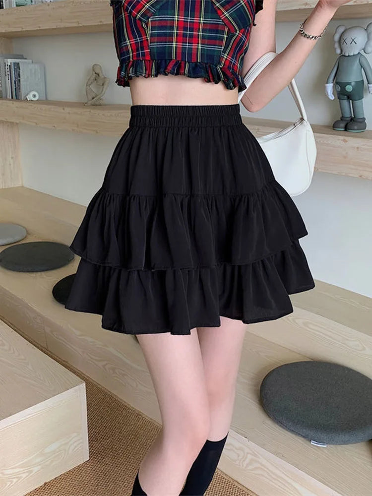 Pleated Aline White Ruffles Sweet Elastic Waist Summer Skirt