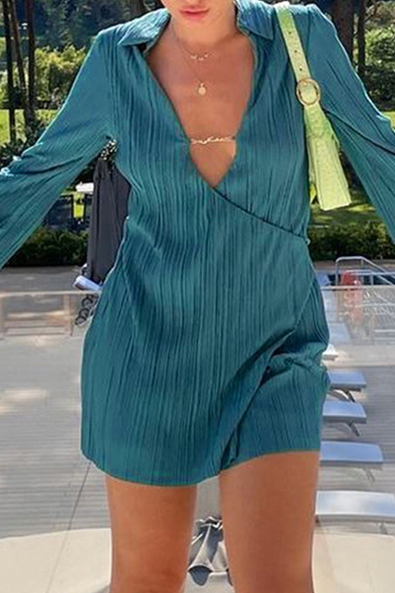 Pleated Lapel Mini Dress With Low Cut Dark Green / M Dresses