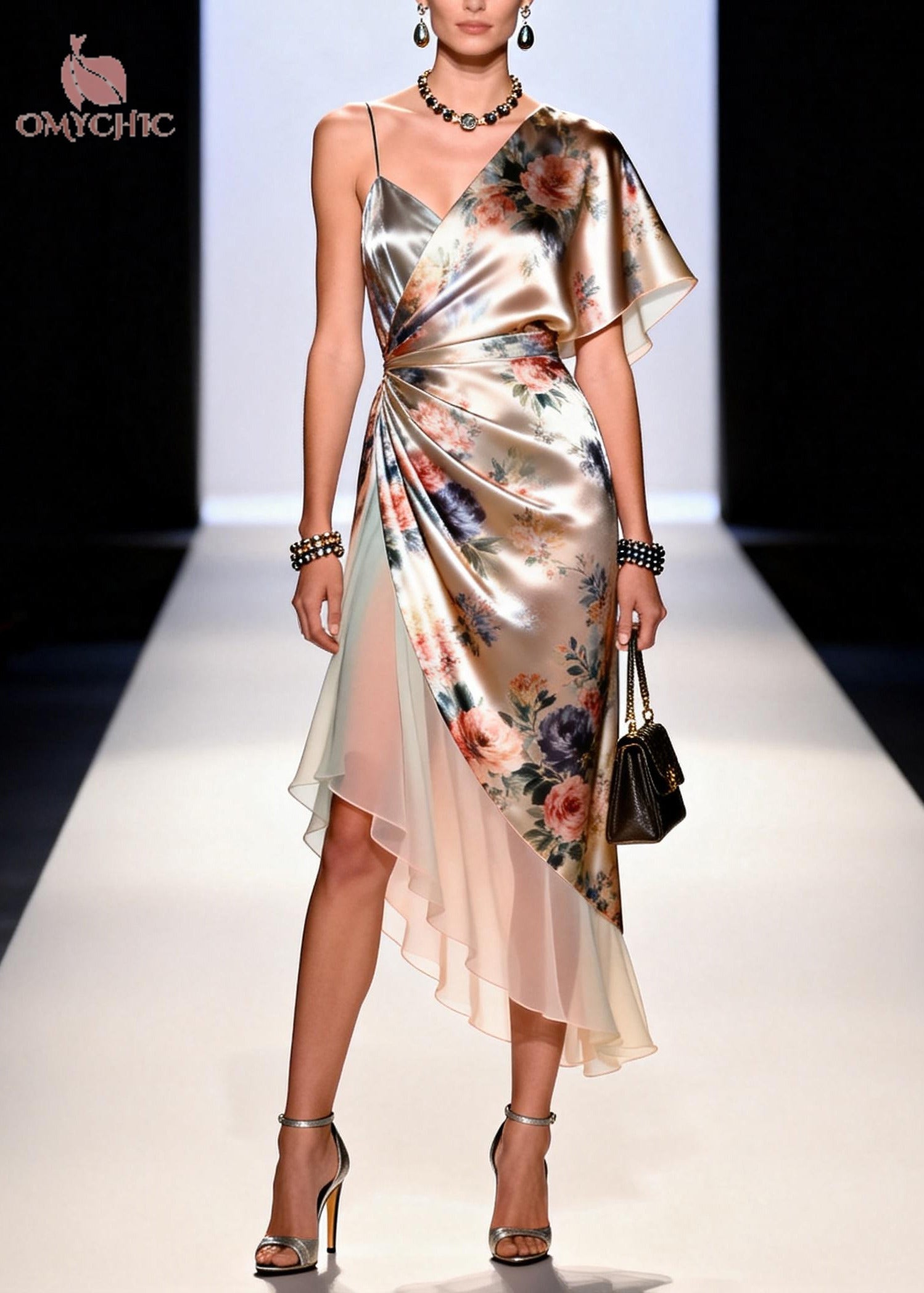 Plus Size Apricot Asymmetrical Patchwork Chiffon Holiday Dress Summer