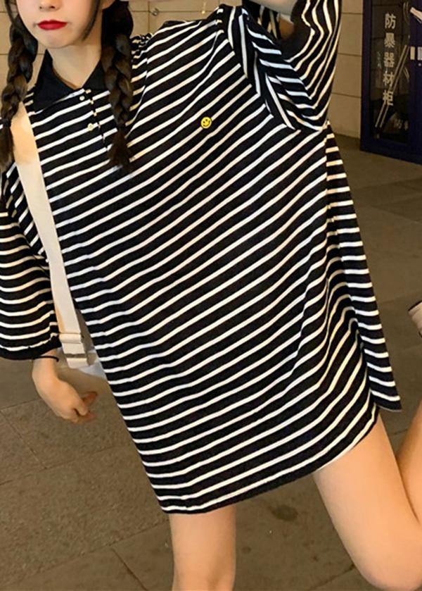 Plus Size Black Striped Cotton Peter Pan Collar Button Summer Mid Dress