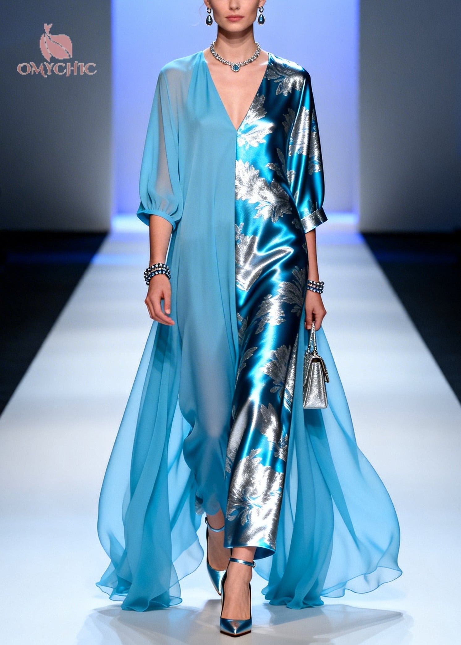Plus Size Blue Asymmetrical Patchwork Chiffon Party Dress Summer