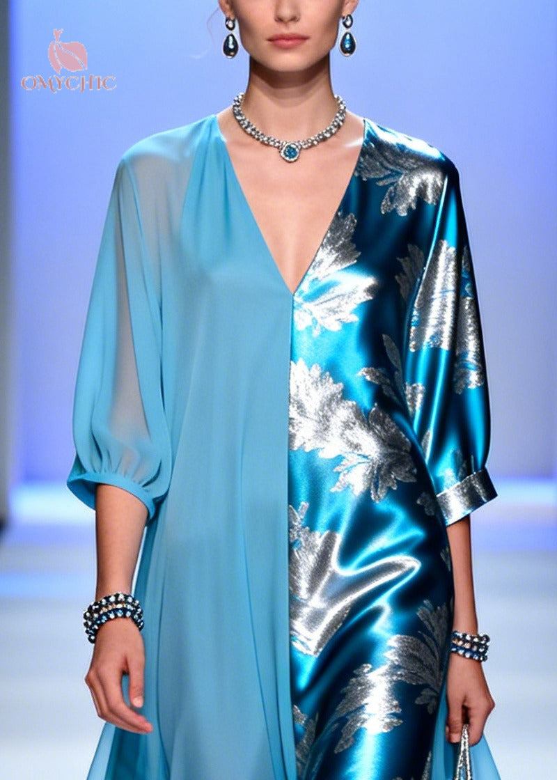 Plus Size Blue Asymmetrical Patchwork Chiffon Party Dress Summer