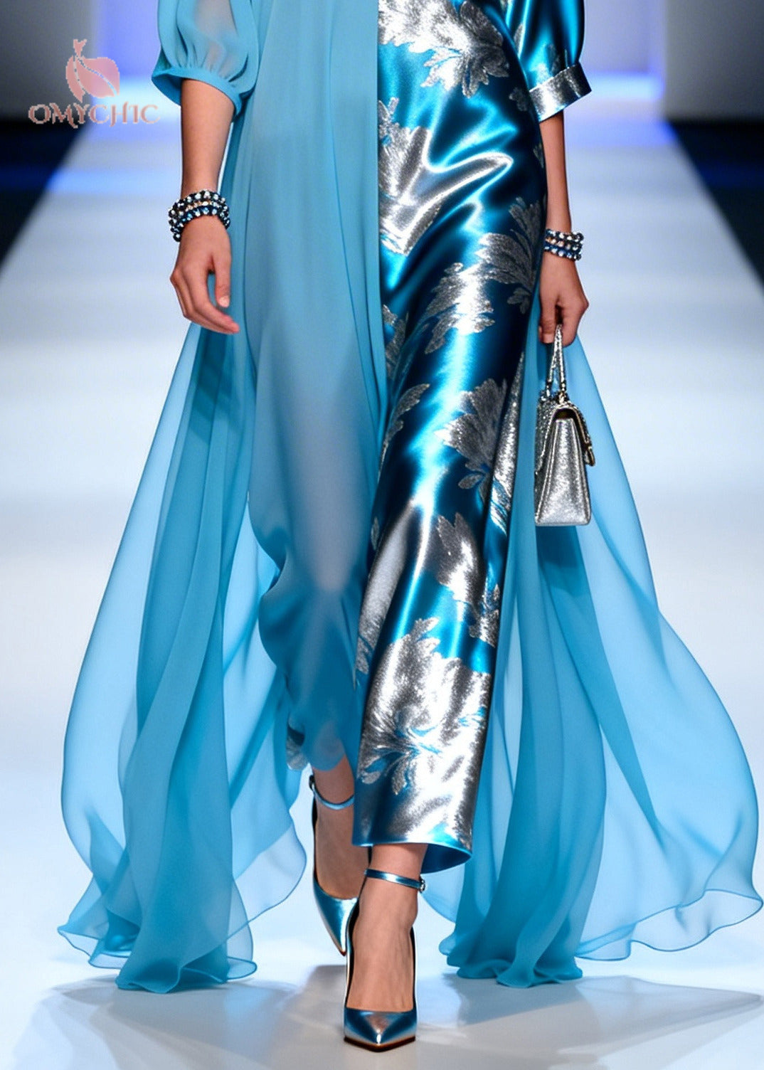 Plus Size Blue Asymmetrical Patchwork Chiffon Party Dress Summer