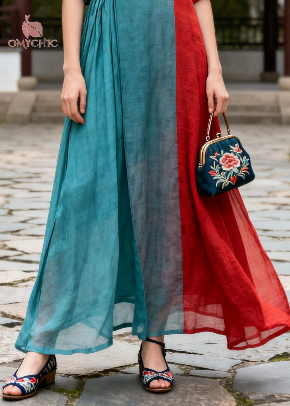 Plus Size Blue Asymmetrical Patchwork Chinese Button Cotton Dresses Summer