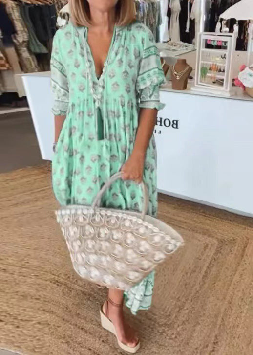 Plus Size Blue V Neck Print Patchwork Cotton Dress Summer