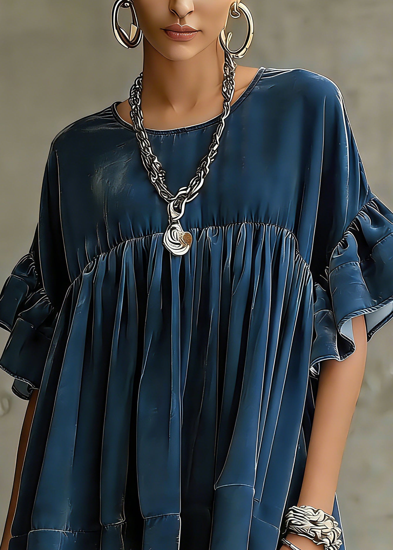 Plus Size Blue Wrinkled Patchwork Velour Short Dress Butterfly Sleeve1