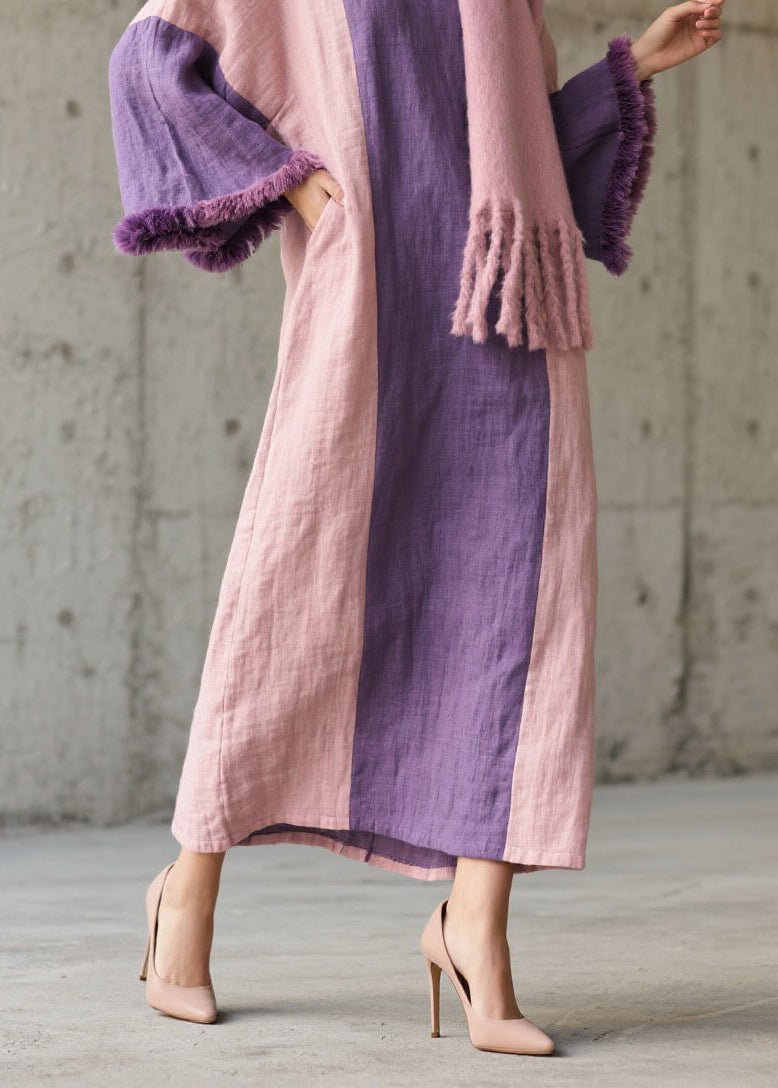 Plus Size Colorblock Fuzzy Fur Patchwork Cotton Dress Fall