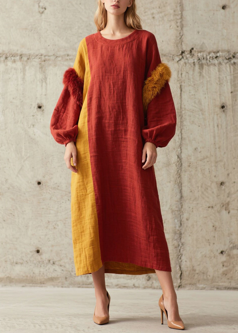 Plus Size Colorblock O Neck Fuzzy Fur Patchwork Cotton Dress Fall