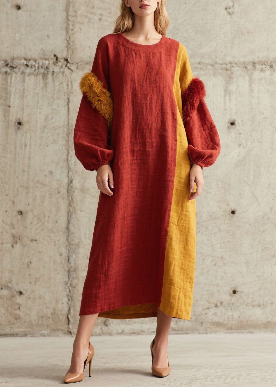 Plus Size Colorblock O Neck Fuzzy Fur Patchwork Cotton Dress Fall